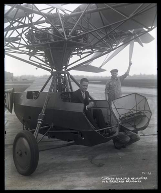 Maitland Bleecker (?) at the controls of his helicopter (National Air and Space Museum)